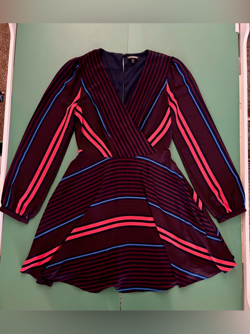 Express Size XS Navy Stripe Faux Wrap Dress with Orange/Red and Blue Accents